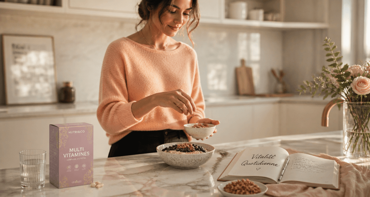 multi vitamines et mineraux sur plan de travail cuisine
