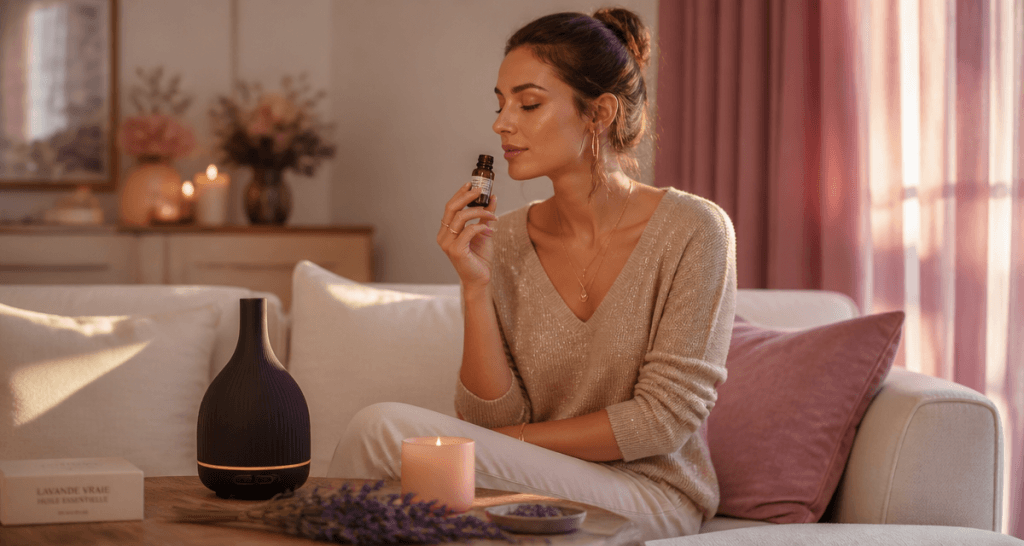 quelle huile essentielle pour le stress et l'anxiété femme relaxe sur canapé