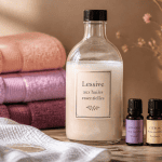 quelle huile essentielle pour lessive maison, flacon et huiles sur table