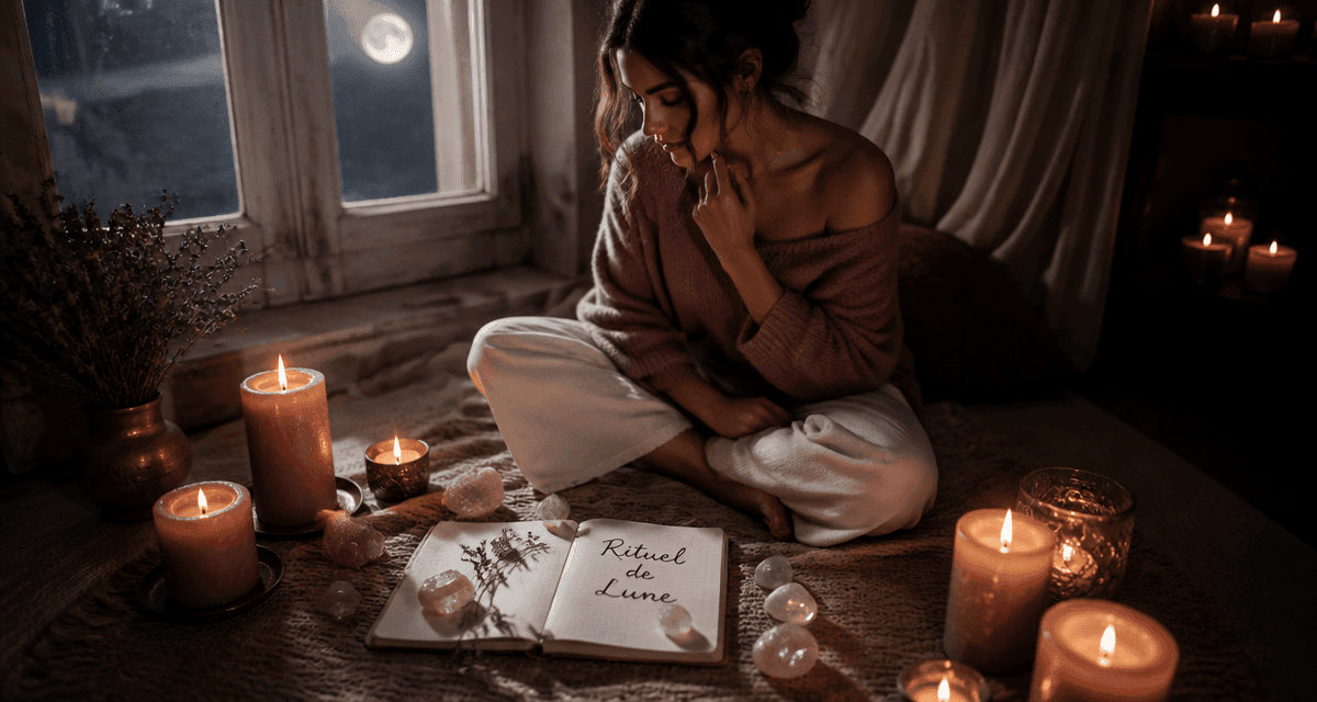 rituel de lune femme bougies pierres carnet