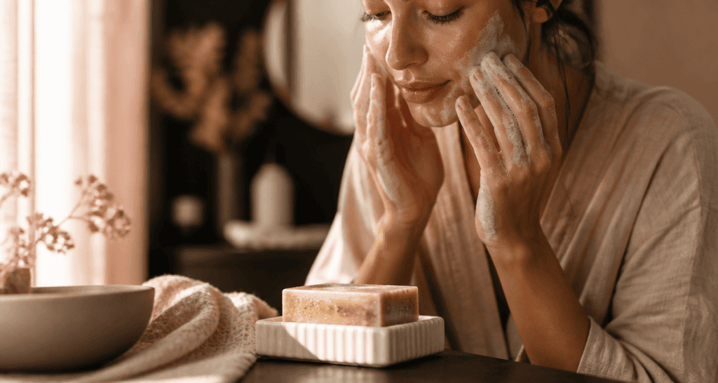 savon nettoyage visage femme peignoir