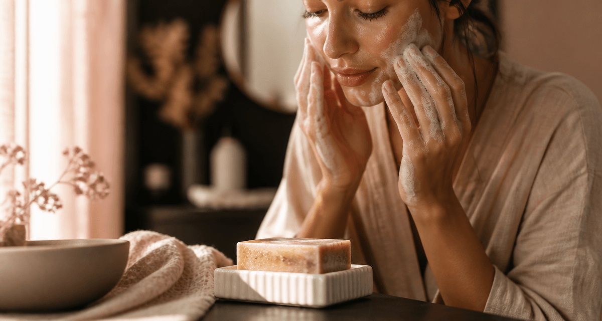 savon nettoyage visage femme peignoir