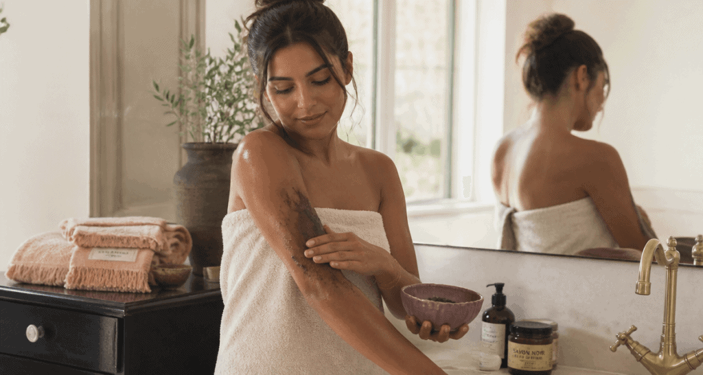 Savon noir bienfaits femme salle de bain