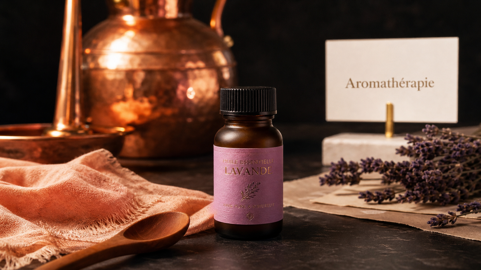 Aromathérapie définition : huile essentielle et alambic en cuivre
