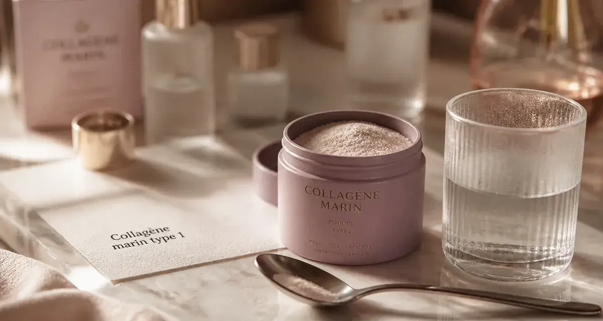 Collagene marin hydrolyse type 1 en poudre, pot mauve rosé et verre d’eau tiède