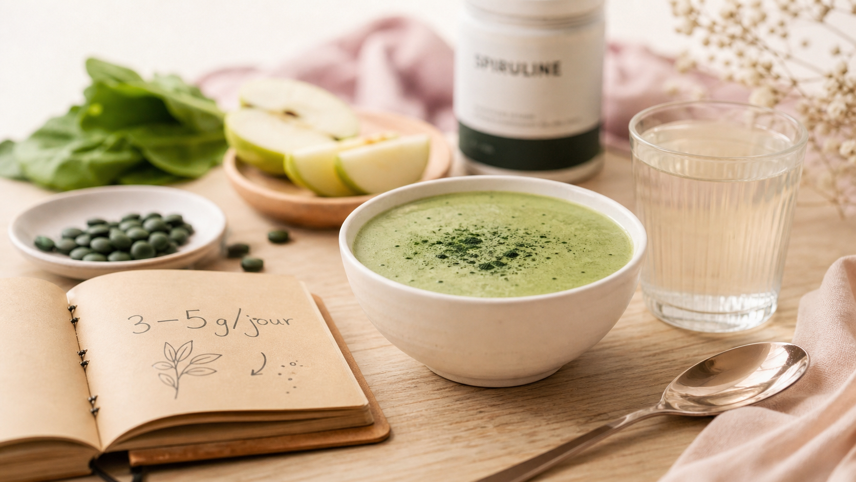 Combien de spiruline par jour pour maigrir : 3 à 5 g/j, smoothie vert à la spiruline