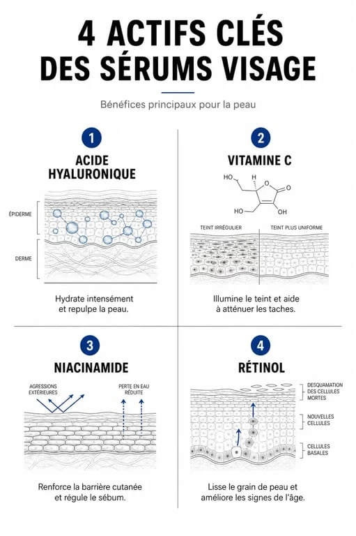 Infographie des actifs de sérum visage : quel sérum choisir pour sa peau