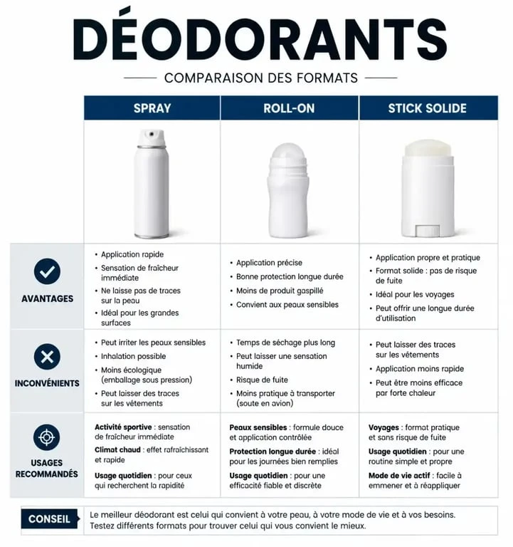Infographie comparative pour savoir quel déodorant choisir selon son type de peau et ses besoins