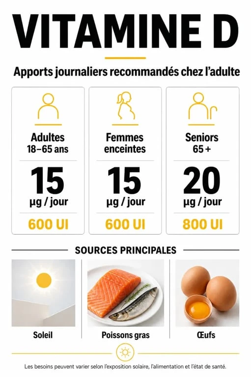 Infographie des apports journaliers recommandés en vitamine D pour adulte et sources alimentaires