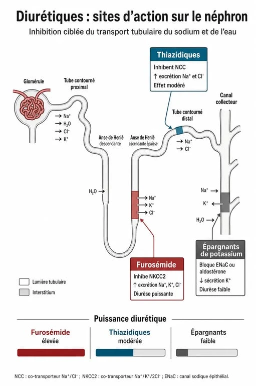 Schéma explicatif du mécanisme d'action des médicaments diurétiques sur le rein pour traiter la rétention d'eau