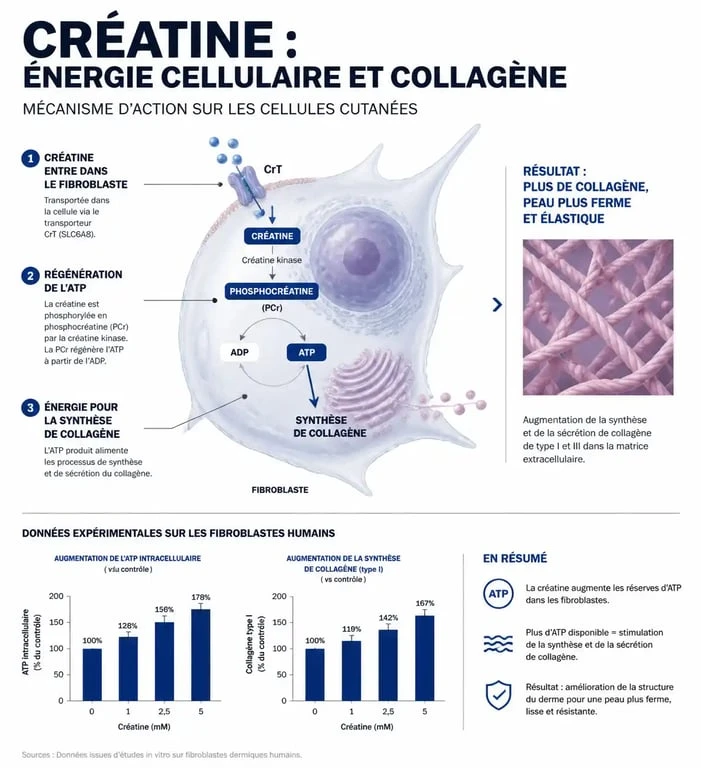 Schéma explicatif des effets de la créatine sur la peau et la production de collagène
