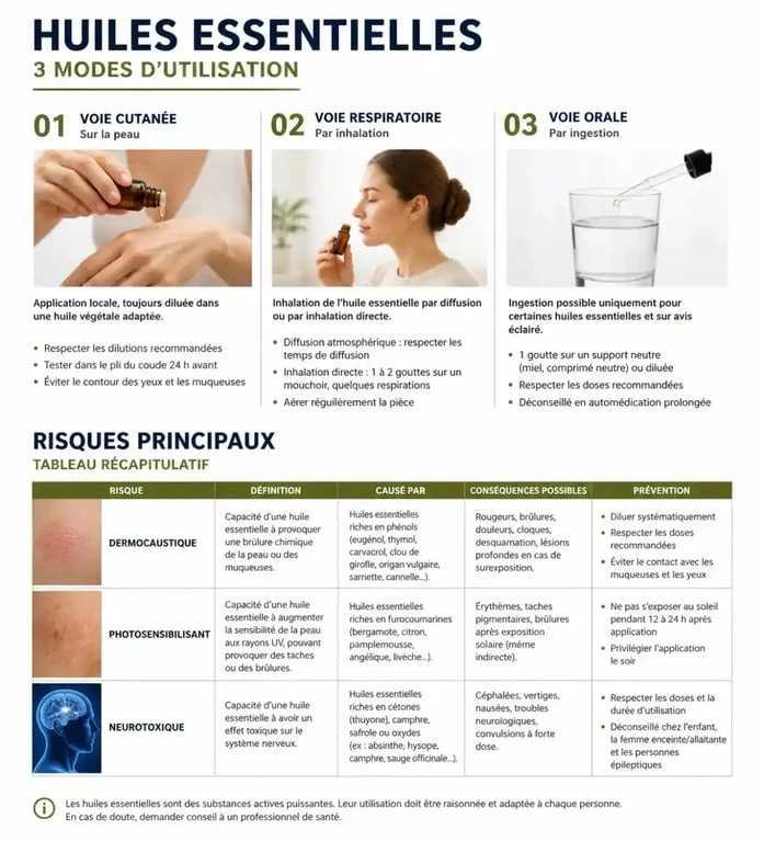 Infographie sur les précautions et méthodes pour bien utiliser une huile essentielle en toute sécurité