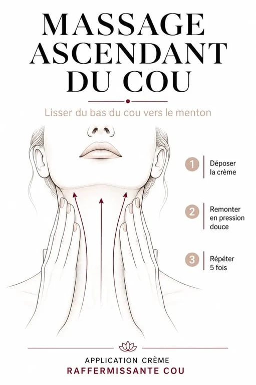 Schéma illustrant la technique de massage ascendant pour appliquer la meilleure crème raffermissante pour le cou