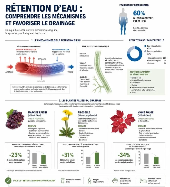 Infographie expliquant les mécanismes de la rétention d'eau et les bienfaits des plantes pour un anti-rétention d'eau puissant.