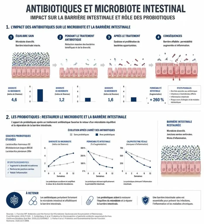 Infographie sur l'action des probiotiques après un traitement antibiotique pour restaurer la flore intestinale
