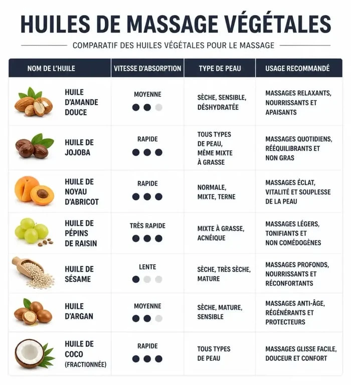 Infographie comparative des meilleures huiles de massage végétales selon le type de peau et l'usage