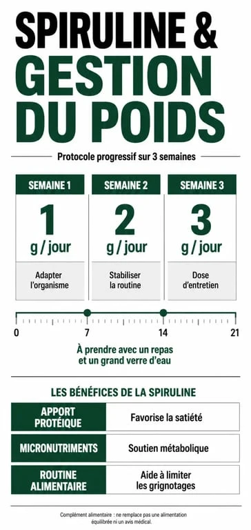Infographie sur le dosage de la spiruline par jour pour maigrir et ses bienfaits métaboliques