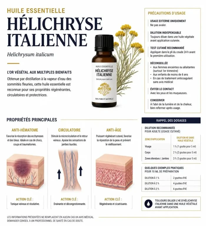 Infographie sur les bienfaits et précautions de l'huile essentielle d'hélichryse italienne