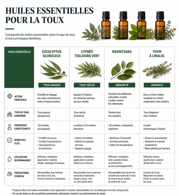 Infographie des huiles essentielles pour la toux : choisir la bonne huile selon le type de toux