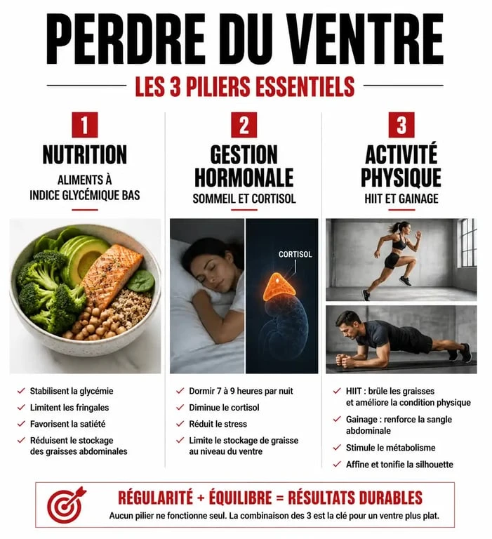 Infographie sur les méthodes efficaces pour maigrir du ventre : nutrition, hormones et sport