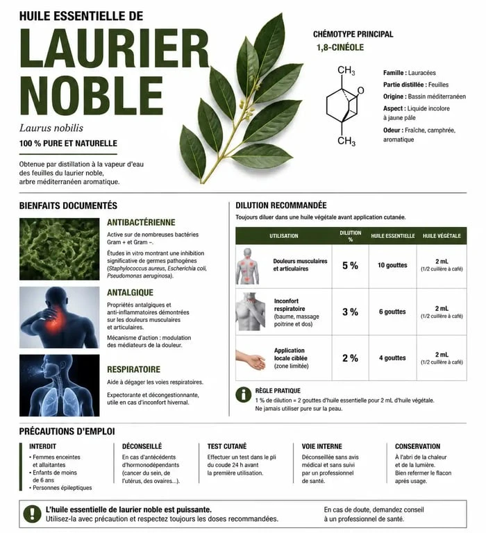 Infographie sur les bienfaits et l'utilisation de l'huile essentielle de laurier noble