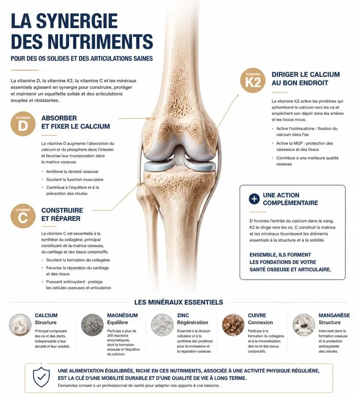 Infographie sur les vitamines et minéraux essentiels pour la santé des os et des articulations