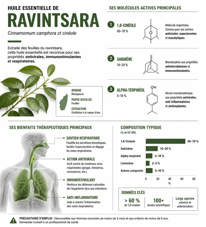 Infographie sur les bienfaits et propriétés de l'huile essentielle de ravintsara pour la santé
