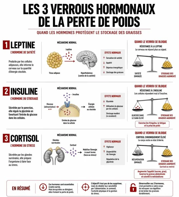 Infographie expliquant pourquoi je n'arrive pas à maigrir à cause des hormones leptine, insuline et cortisol