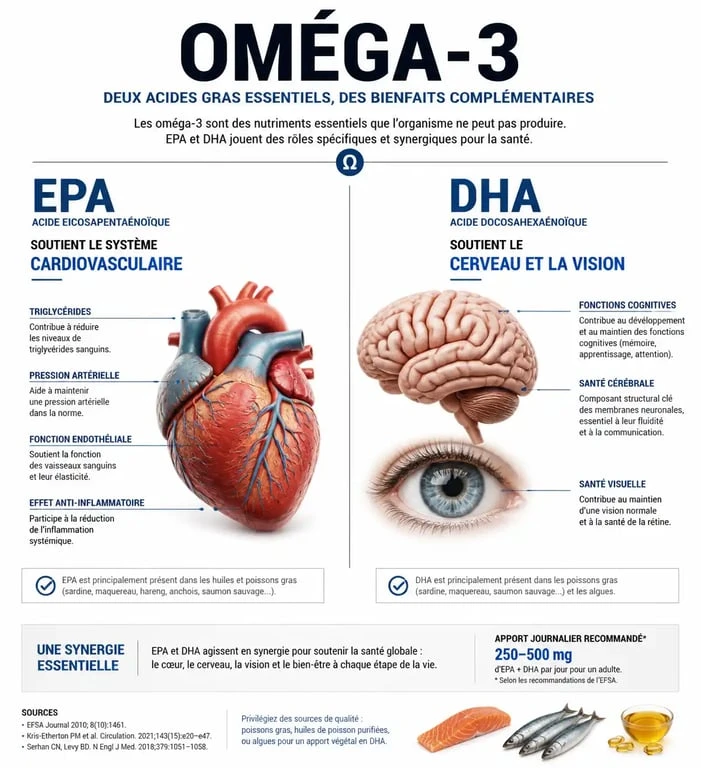 Infographie sur les bienfaits de l'huile de poisson oméga 3 et la différence entre EPA et DHA