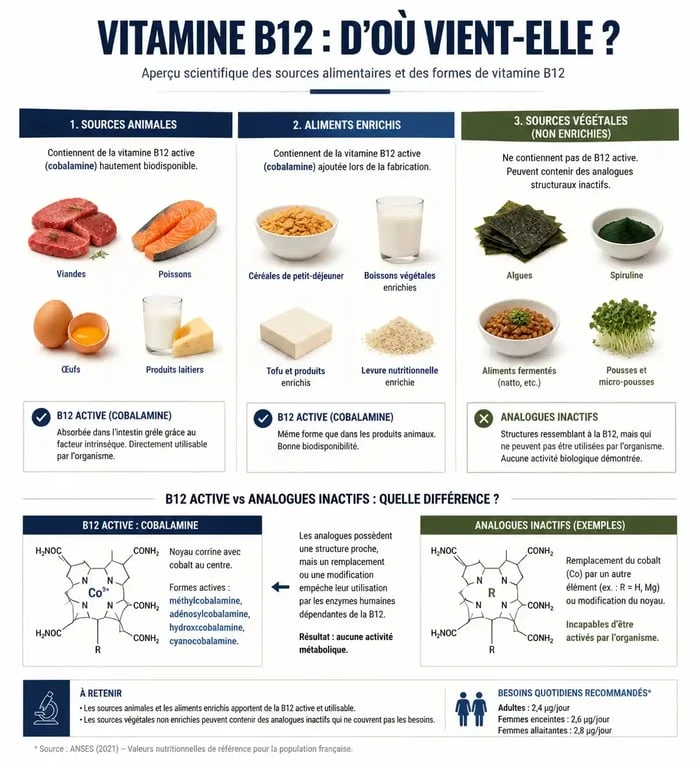 Infographie sur les sources de vitamine B12 et les besoins nutritionnels pour un régime végétarien ou végétalien
