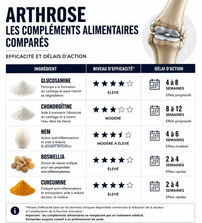 Infographie comparative des meilleurs compléments alimentaires contre l'arthrose : glucosamine, chondroïtine, NEM et Boswellia.