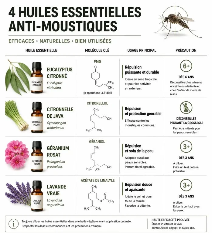 Infographie récapitulative des huiles essentielles contre les moustiques : Eucalyptus citronné, Citronnelle, Géranium et Lavande avec leurs propriétés et précautions d'usage.
