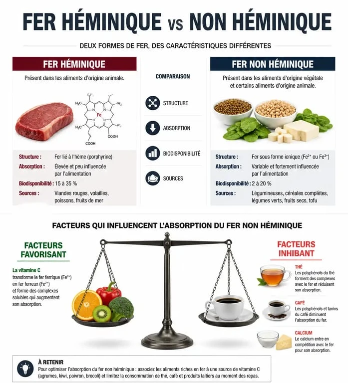 Infographie sur les aliments riches en fer et les facteurs d'absorption pour prévenir la carence en fer