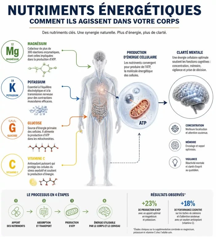 Infographie sur les mécanismes des aliments qui donnent de l'énergie rapidement et leurs bienfaits santé
