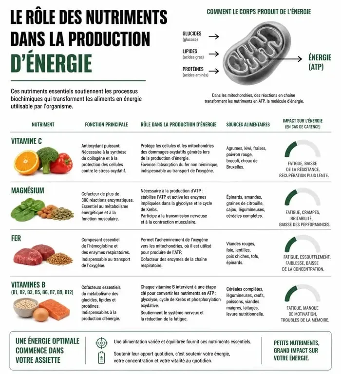 Infographie sur les nutriments essentiels pour lutter contre la fatigue et le médicament contre la fatigue