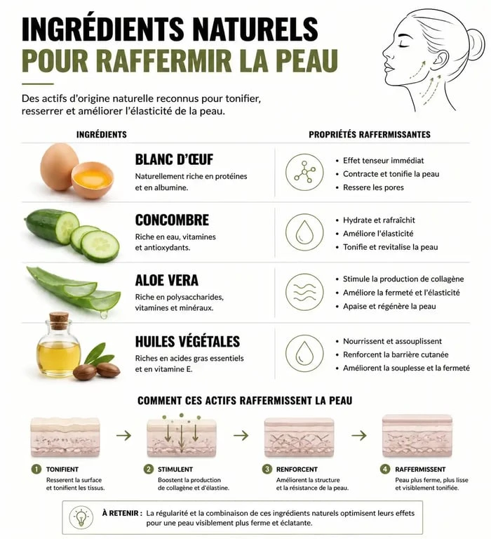 Infographie sur les remèdes de grand-mère naturels pour raffermir la peau et lutter contre le relâchement cutané.