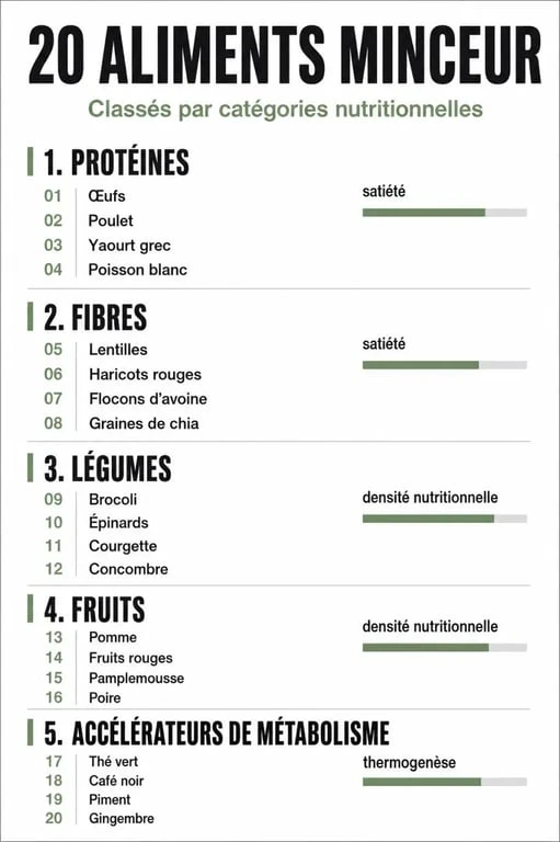 Infographie des 20 aliments qui font maigrir classés par catégories nutritionnelles