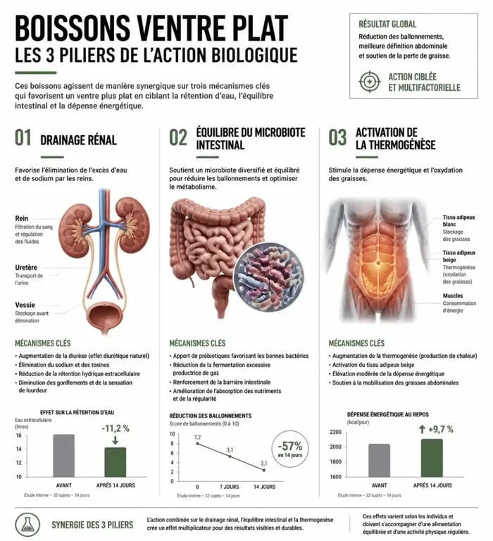 Infographie explicative sur les bienfaits et mécanismes d'action des boissons pour ventre plat