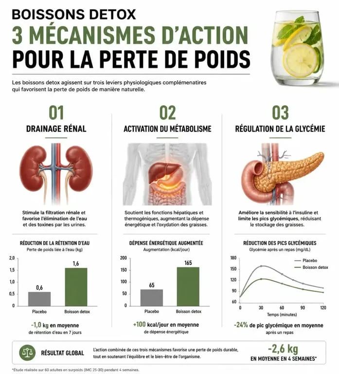 Infographie expliquant les bienfaits d'une boisson detox pour maigrir sur le métabolisme et la digestion