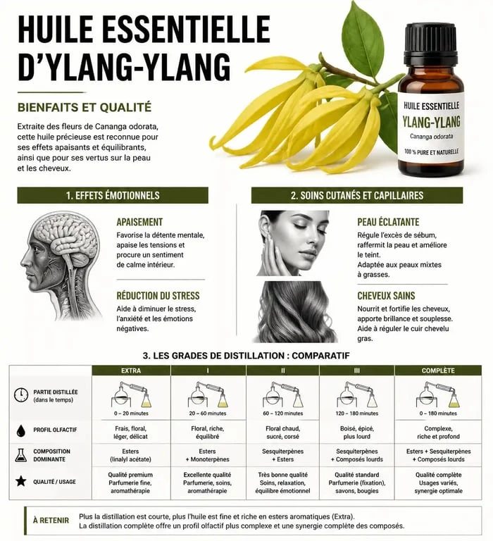Infographie sur les bienfaits de l'huile essentielle d'ylang-ylang pour la peau, les cheveux et le bien-être émotionnel