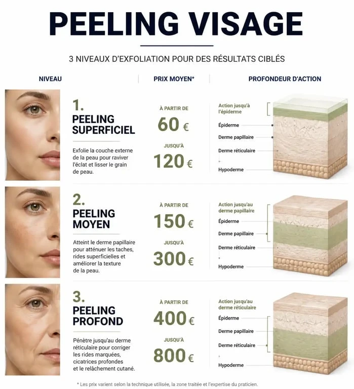 Infographie comparative des prix et types de peeling visage pour choisir son traitement esthétique