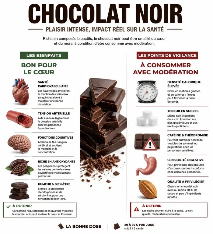 Infographie résumant les bienfaits et méfaits du chocolat noir sur la santé