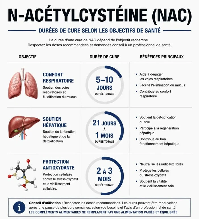 Infographie résumant les durées recommandées pour une cure de NAC selon l'objectif de santé