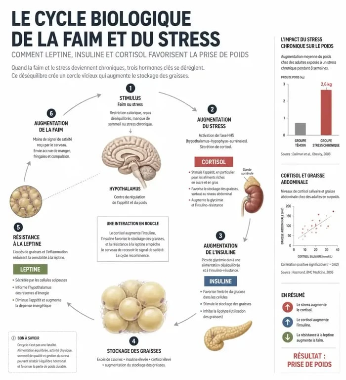 Infographie explicative sur les mécanismes biologiques de la faim et la perte de poids sans volonté