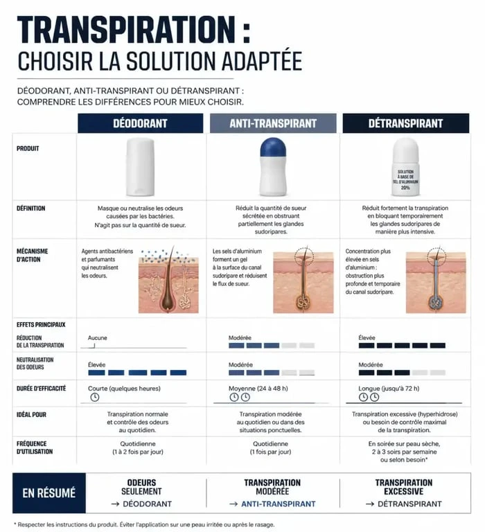 Infographie comparative des solutions déodorant pour odeur forte femme : déodorant, anti-transpirant et détranspirant.