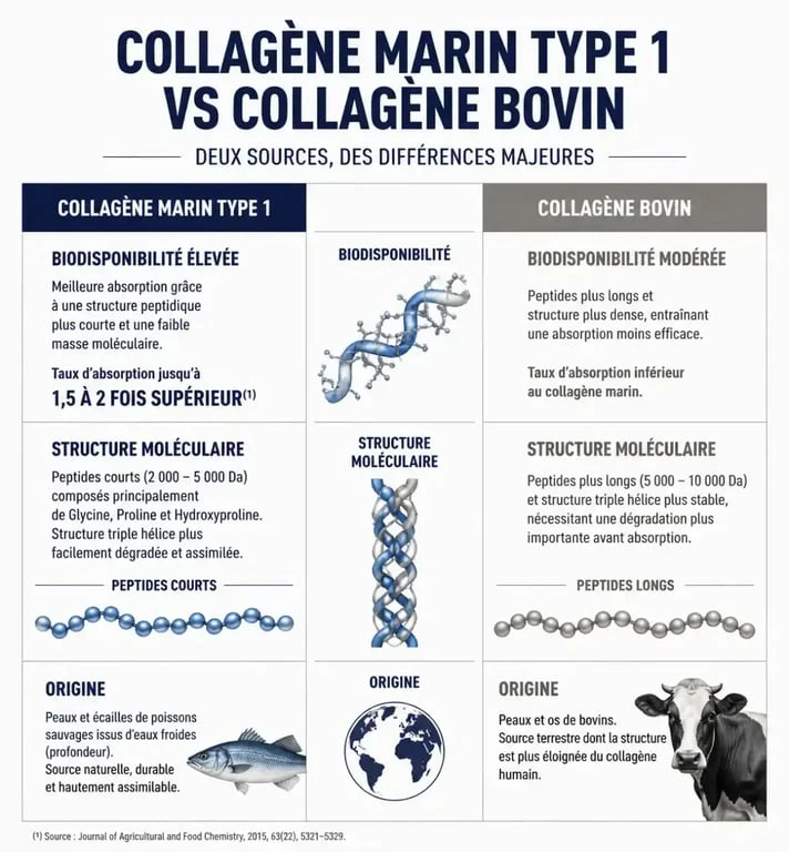Infographie comparative des bienfaits et caractéristiques du collagène marin hydrolysé de type 1 par rapport au collagène bovin