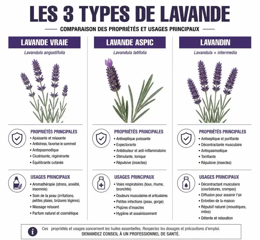 Infographie comparative des types d'huile essentielle de lavande pour leur utilisation