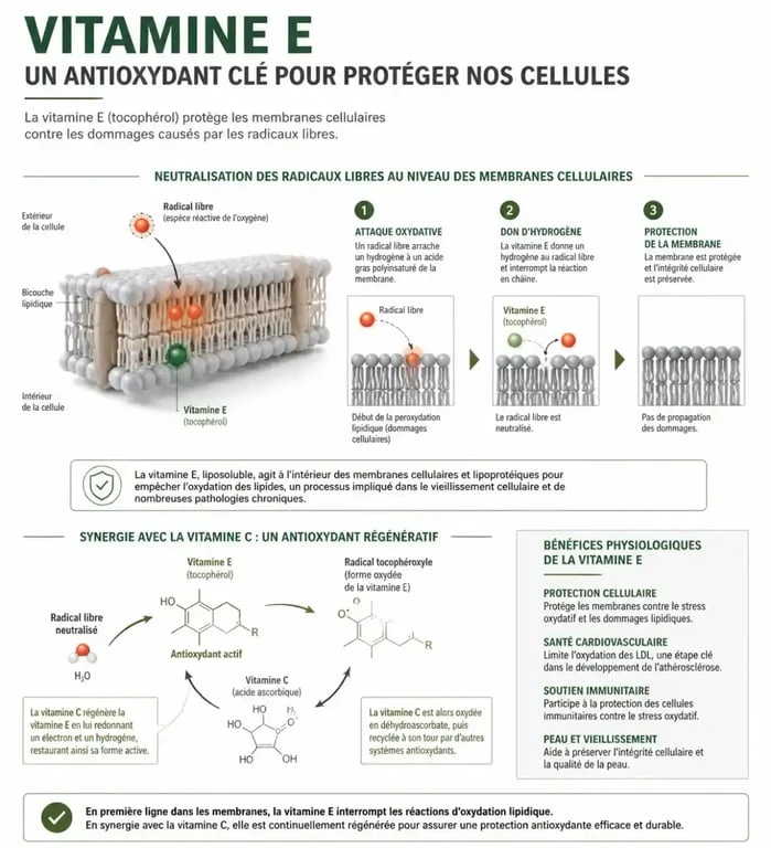 Infographie expliquant les bienfaits et le rôle antioxydant de la vitamine E pour la santé