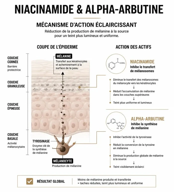 Schéma explicatif du mécanisme d'action des crèmes éclaircissantes pour les zones intimes