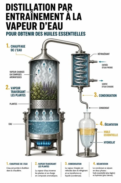 Schéma du processus de distillation pour l'aromathérapie et l'obtention d'huiles essentielles